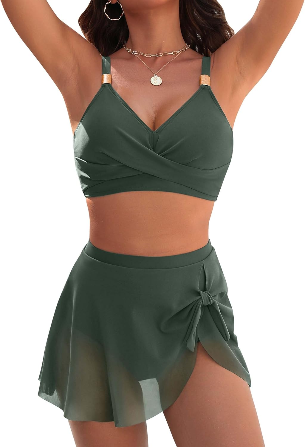 Womens High Waisted Bikini Set Gold Metal Two Piece Swimsuits Tummy Control Tie Knot 2026 Bathing Suits