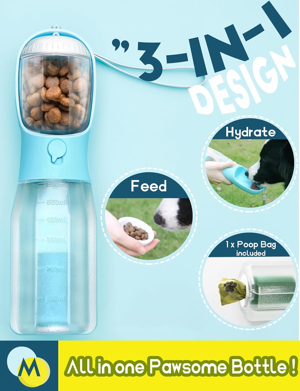 🐶3-in-1 Portable Pet Water Bottle with Food & Waste Bag Dispenser