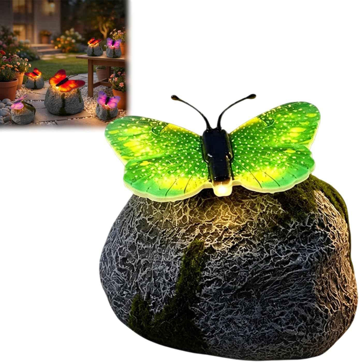 🦋 Solar Butterfly Stone Garden Light, Waterproof LED Glowing Landscape Rock Lamp, Auto On/Off Outdoor Resin Decor for Yard, Lawn, Pathway, Patio & Porch, Perfect Garden Gift