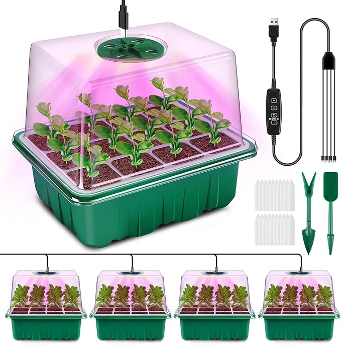 Seed Starter Tray with Grow Light, 4 Pack Seed Starter Kit with Timing Controller Adjustable Brightness