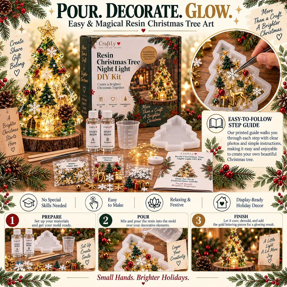 🎄Beginner-Friendly Resin Christmas Tree Night Light DIY Kit | Complete Kit with Mold, Resin, Fairy Lights & Festive Decorations ✨