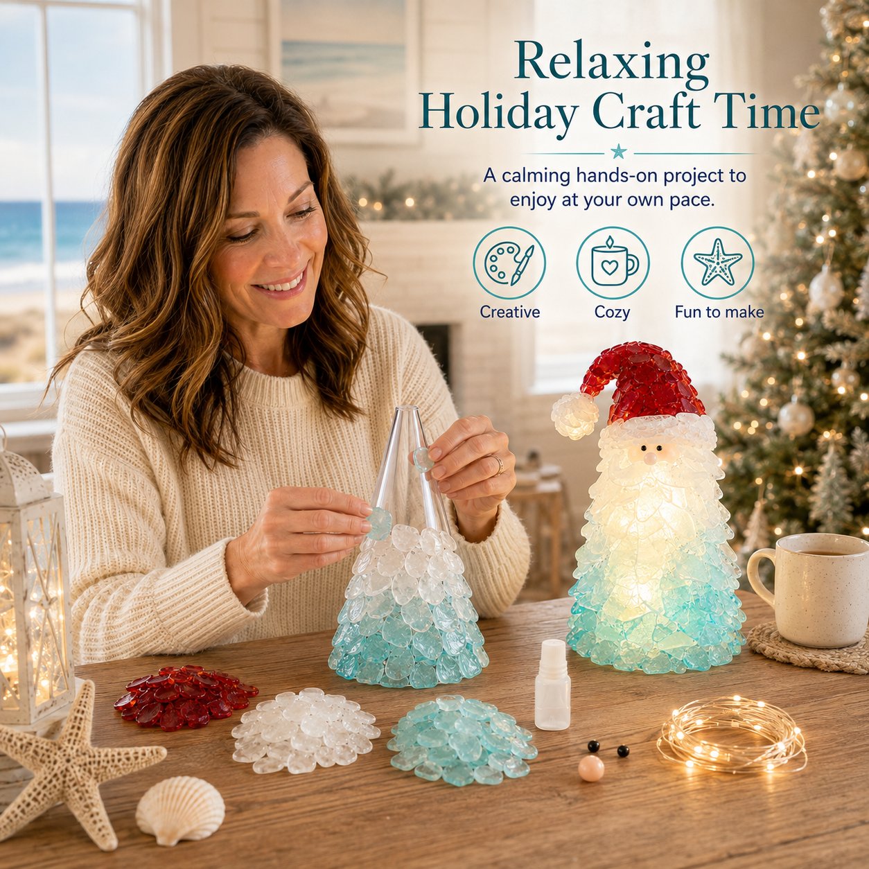 ⏳ Last Day 49% OFF – 🎅 Beginner-Friendly DIY Lighted Sea Glass Santa Christmas Decor Kit | Complete Kit with Sea Glass Pieces, Warm Fairy Lights & Step-by-Step Guide Included 💕