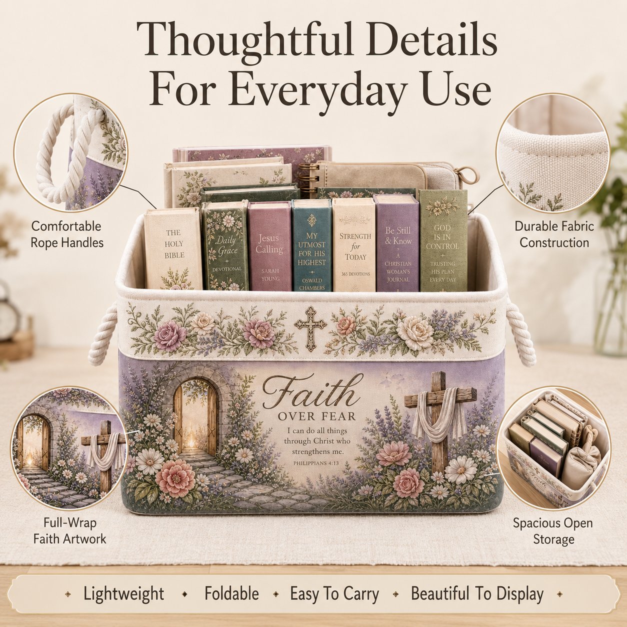 🔥 LAST DAY 49% OFF – ✝️ Christian Faith Inspirational Storage Basket | Spacious Foldable Fabric Organizer with Rope Handles & 3 Scripture Designs 🌿✨
