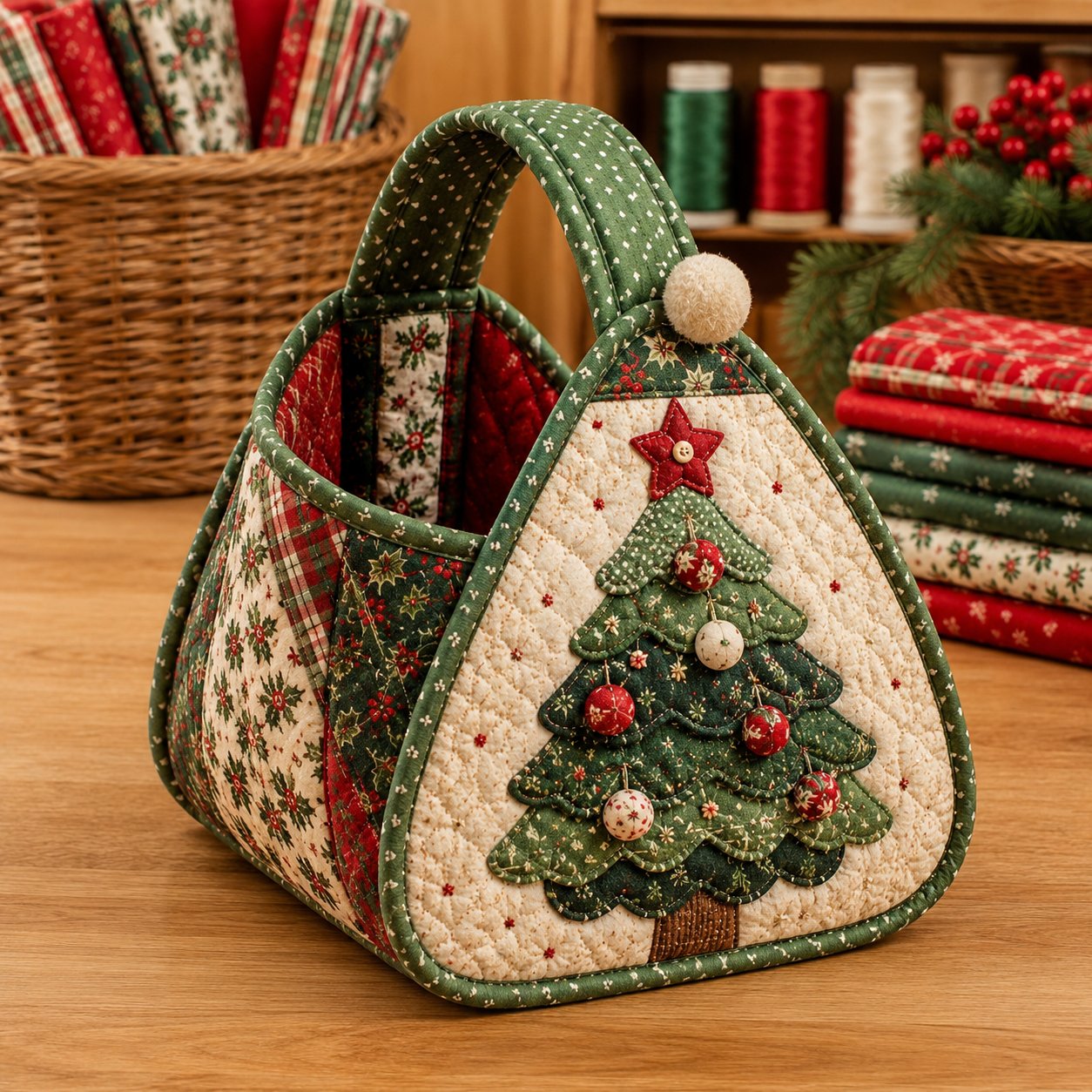 ⏳ Last Day 49% OFF – 🎄 Christmas Character Quilted Carry Basket | Padded Patchwork Fabrics, Layered Appliqué & Soft Carry Handle in DIY Kit or Ready-Made Styles 🎁✨
