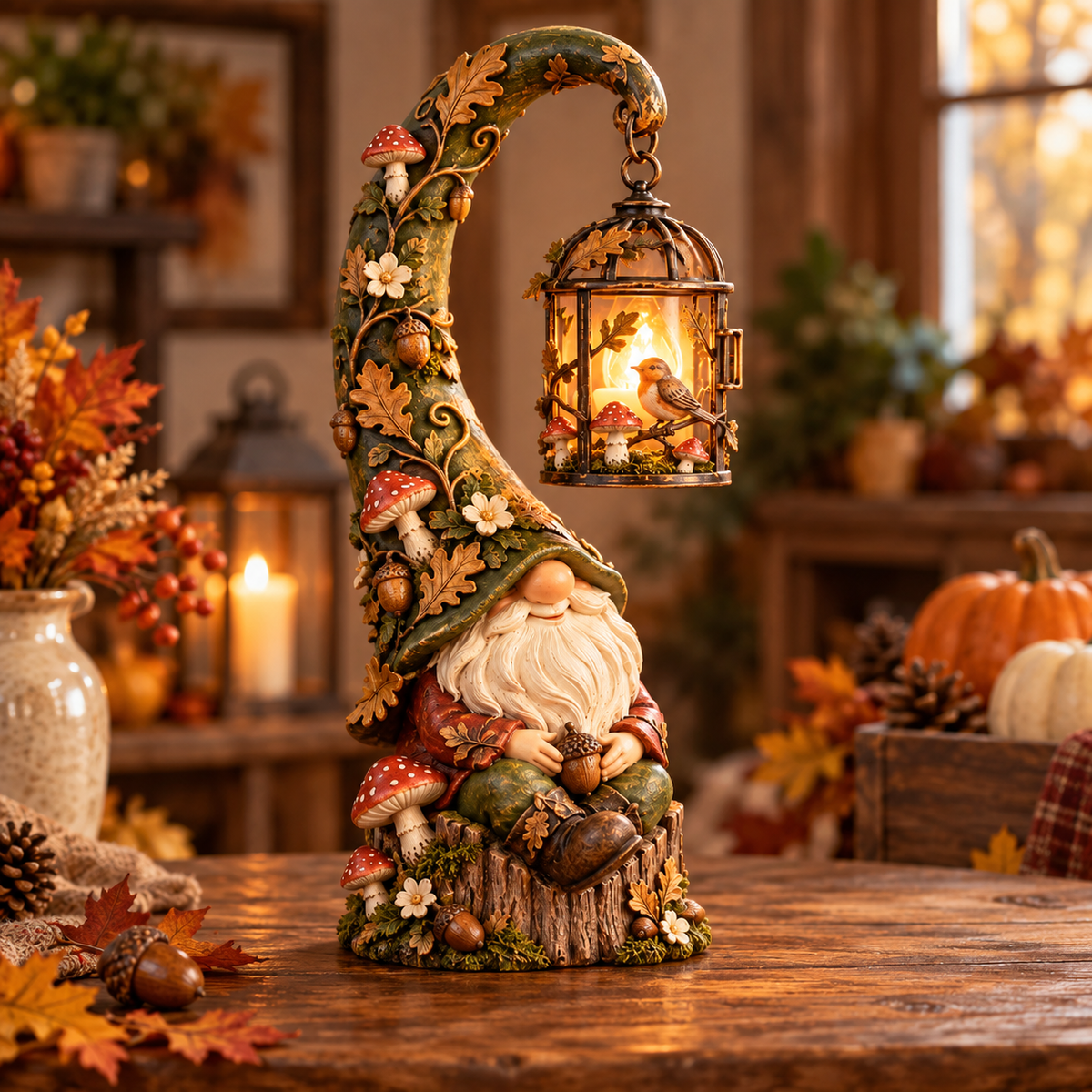 Enchanted forest gnome lantern glowing in a cozy autumn interior