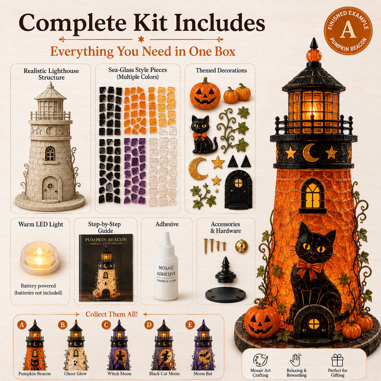 🎃 Beginner-Friendly Lighted Halloween Lighthouse DIY Kit – Sea Glass-Style Mosaic Collection