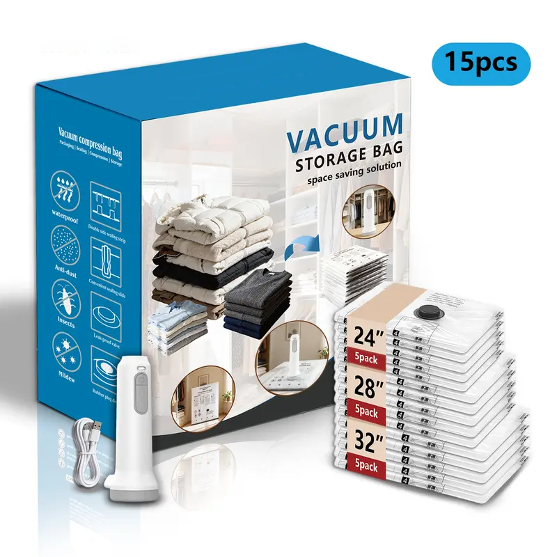 Cordless Travel Vacuum Storage Compression Bag Set – 15-Pack in 3 Sizes – USB Rechargeable Handheld Pump with Built-In Battery