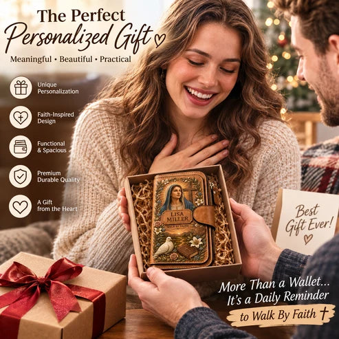 Personalized "Walk By Faith" Vintage Leather Clutch Wallet 🕊️ | Jesus & Mary Editions