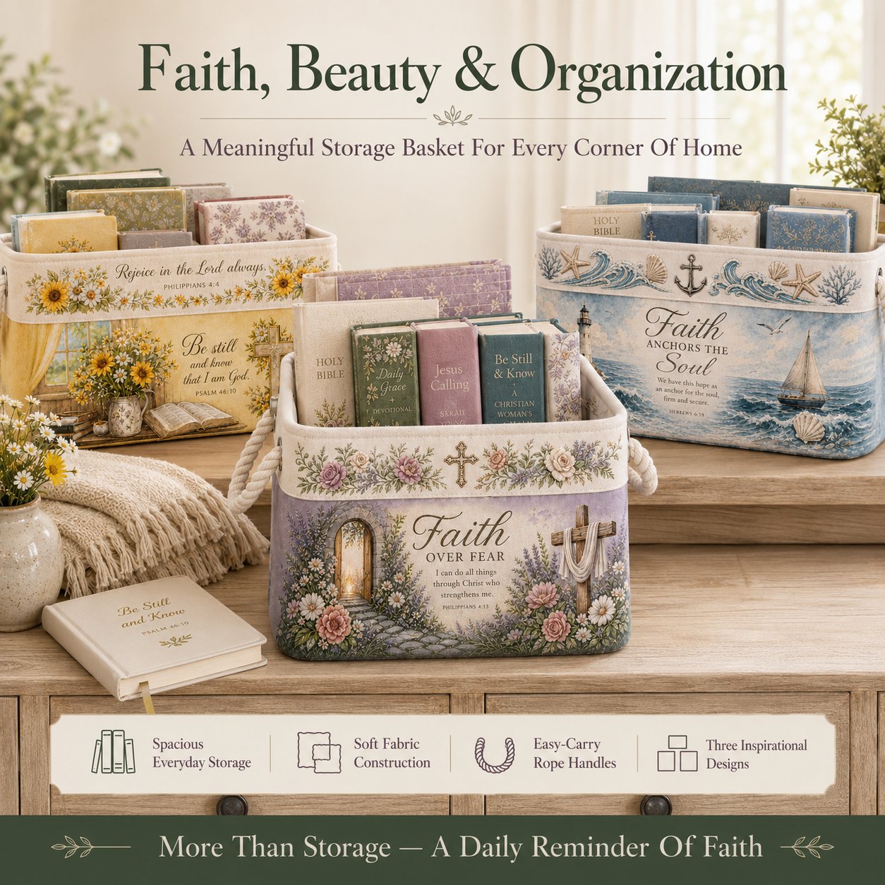 🔥 LAST DAY 49% OFF – ✝️ Christian Faith Inspirational Storage Basket | Spacious Foldable Fabric Organizer with Rope Handles & 3 Scripture Designs 🌿✨