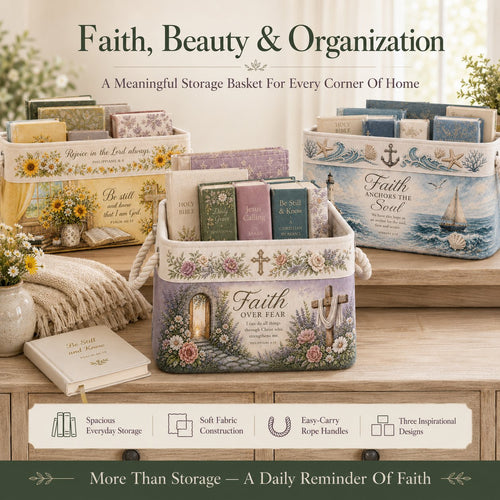 🔥 LAST DAY 49% OFF – ✝️ Christian Faith Inspirational Storage Basket | Spacious Foldable Fabric Organizer with Rope Handles & 3 Scripture Designs 🌿✨