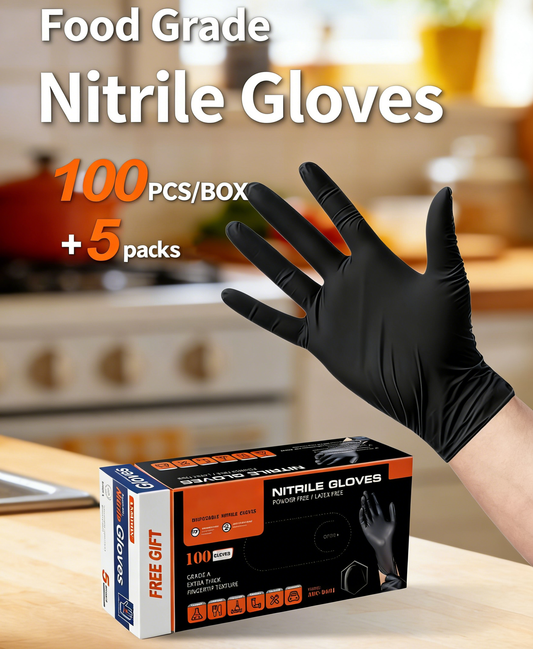 (100PCS) Nitrile Exam Gloves, Black Latex Free Powder Free Disposable Gloves for Medical, Cooking, Cleaning, and Auto repair, etc.