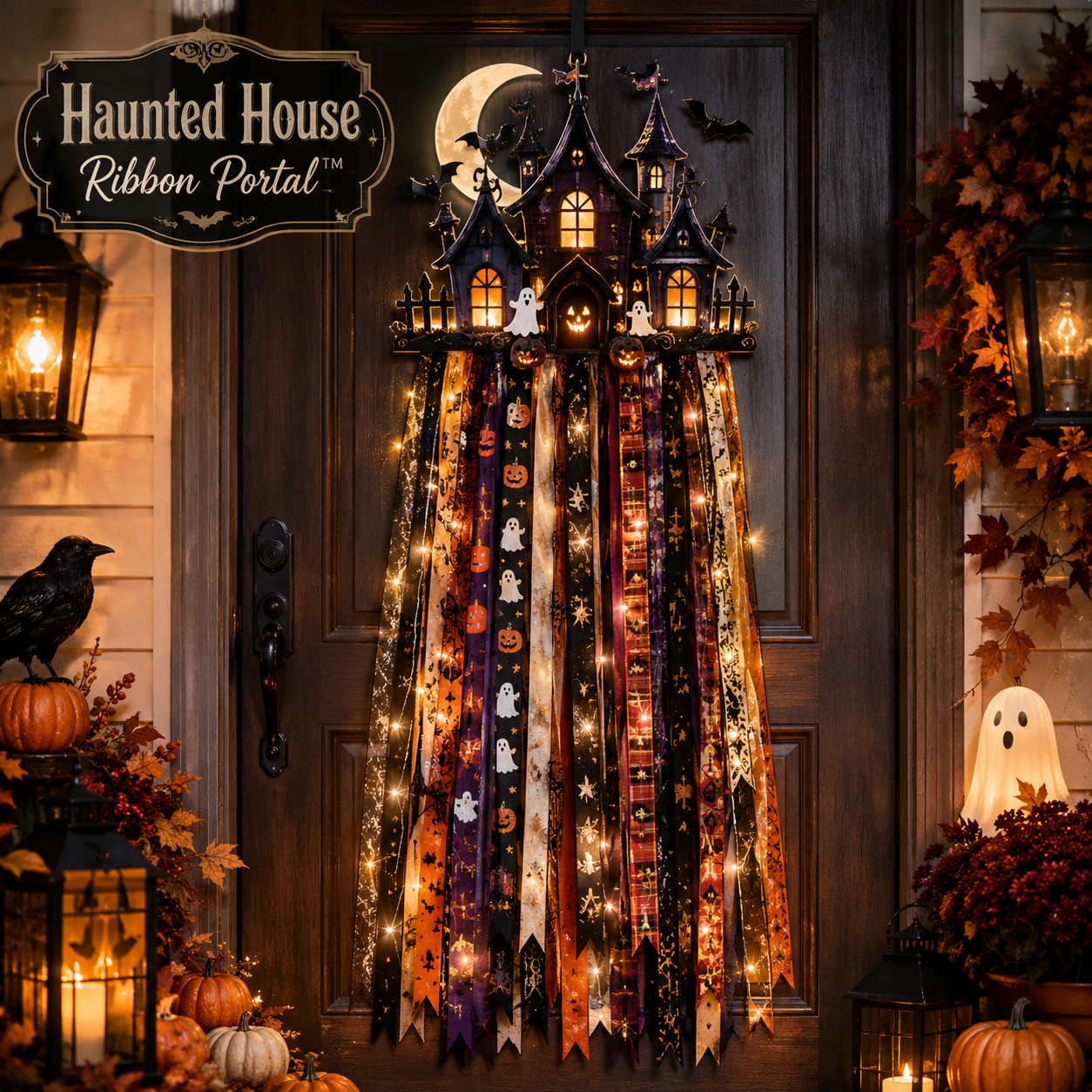 🎃 Lighted Halloween Ribbon Cascade™ – Handmade Door & Porch Decor