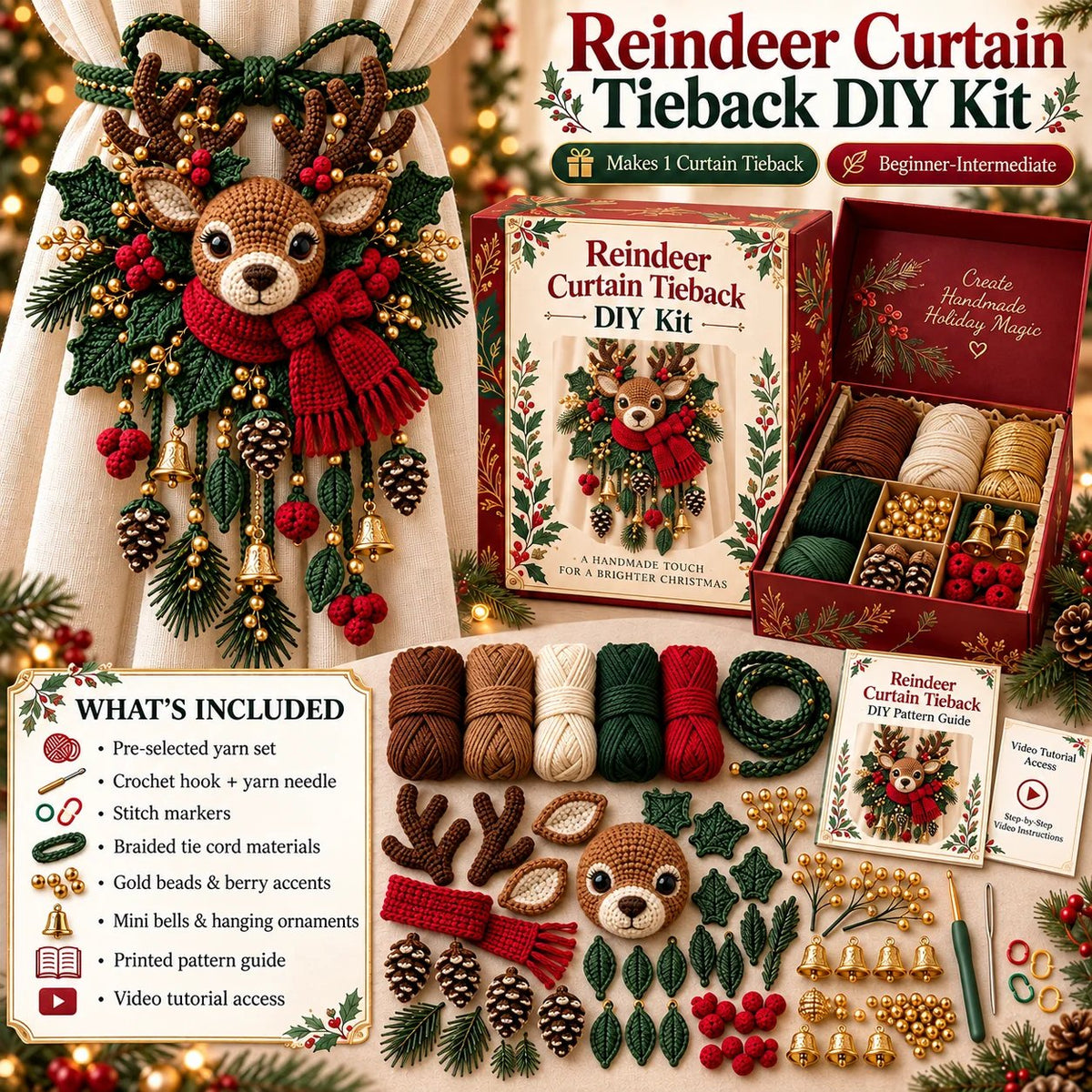⏳ Last Day 49% OFF – 🎄 Christmas Crochet Curtain Tieback DIY Kit | Beginner-Friendly Options, 8 Festive Designs 🧶