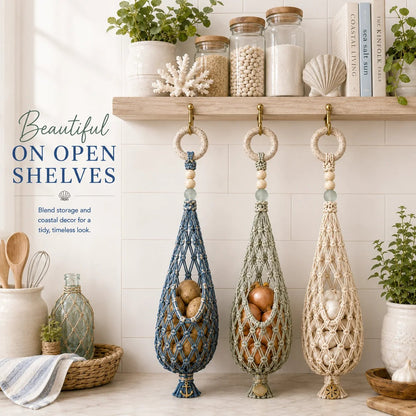 🌊🥔 Coastal Hanging Produce Storage – Handwoven Breathable Organizer with Easy Side Access