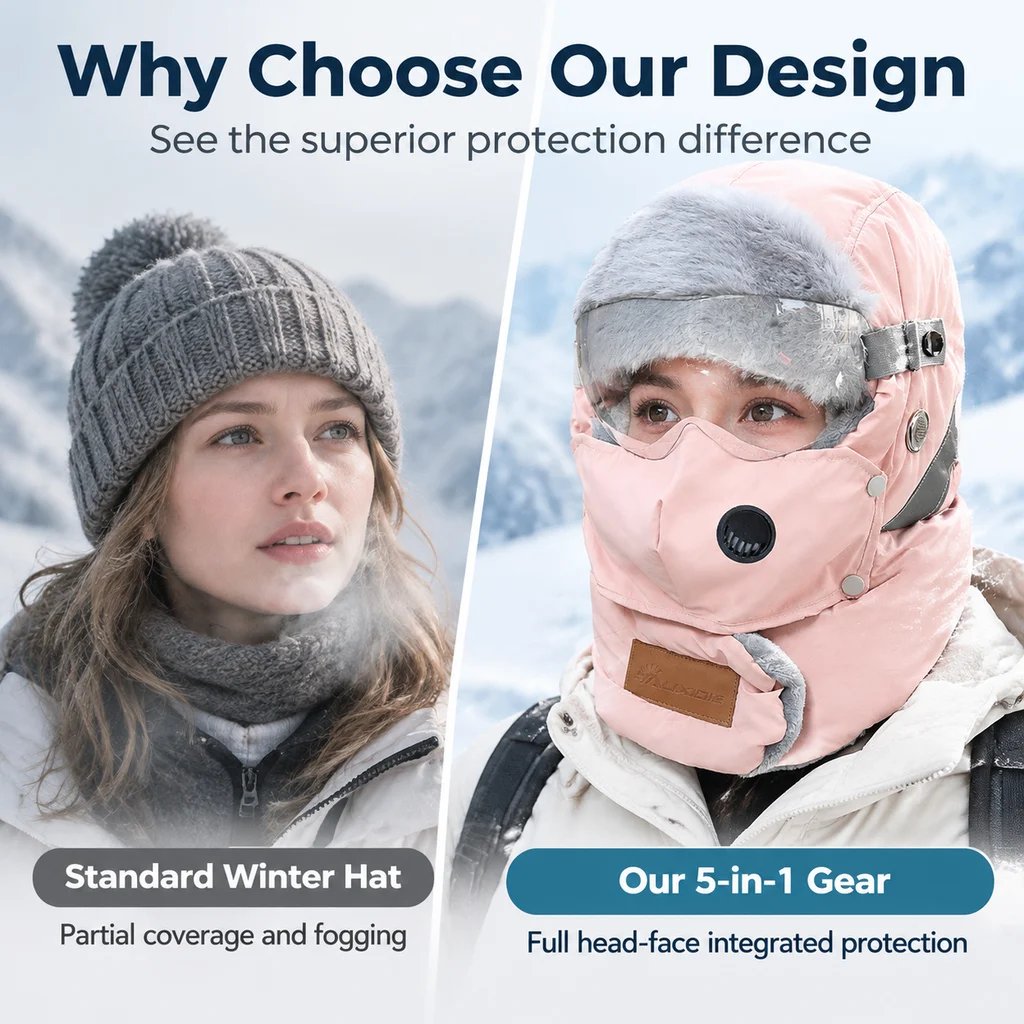 Winter Thermal Ushanka Hat with Detachable Face Mask and Goggles - 5-in-1 Windproof Cold Weather Gear