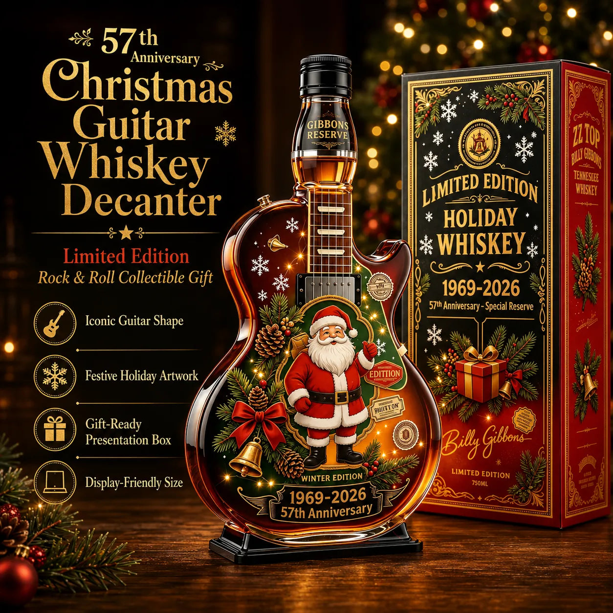 ⏳ Last Day 49% OFF – 🎸57th Anniversary Christmas Guitar Whiskey Decanter | Limited Edition 1969–2026 Winter Reserve Design With 3D Guitar Shape, Amber Glow Finish & Festive Holiday Artwork 🥃✨