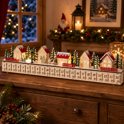 Home Reflections Christmas Village Advent Calendar – DIY Wooden Countdown Decoration with LED Lights, Music & 24 Gift Drawers