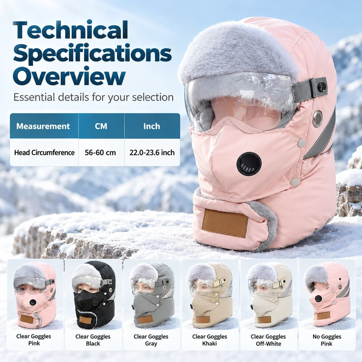 Winter Thermal Ushanka Hat with Detachable Face Mask and Goggles - 5-in-1 Windproof Cold Weather Gear