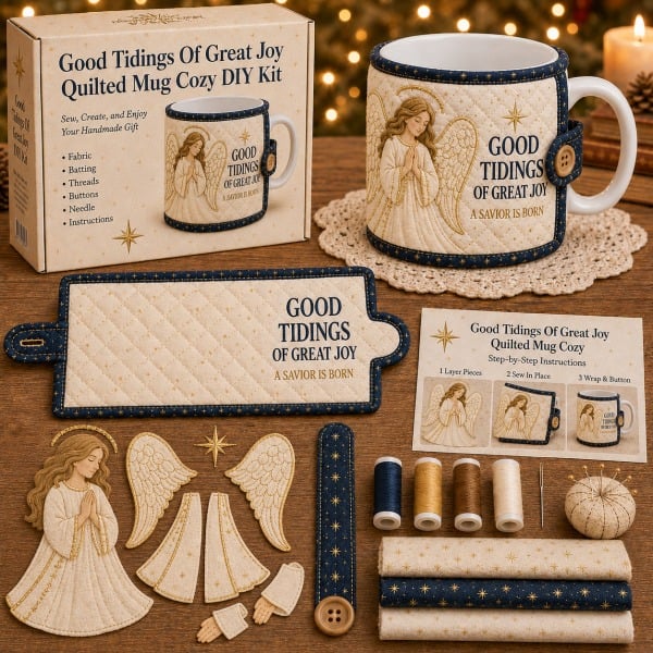 ⏳ Last Day 49% OFF – ✝️ Beginner-Friendly Christmas Faith Mug Cozy Sewing Kit | 6 Christian-Inspired Designs with Fabric Pieces, Batting, Appliqué, Thread, Buttons, Needle & Step-by-Step Guide Included 💕