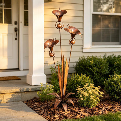 🌿Flamed Copper Three Calla Lilies Garden Stake with Bells
