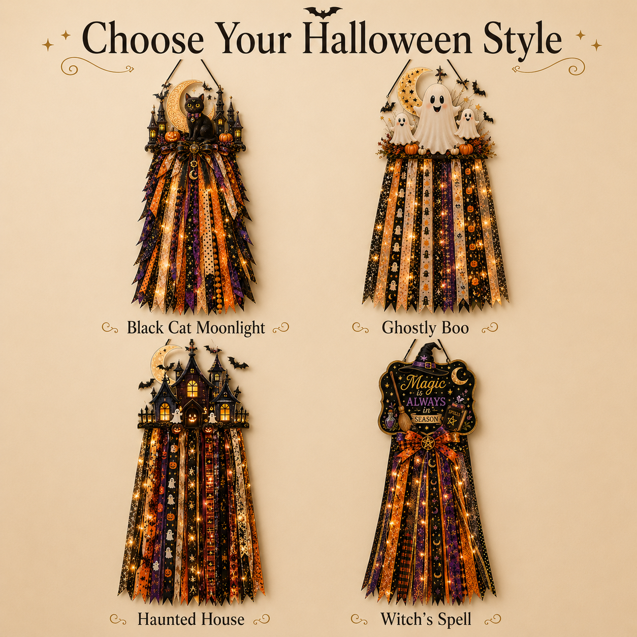 🎃 Lighted Halloween Ribbon Cascade™ – Handmade Door & Porch Decor