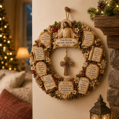 ✝️ Jesus Scripture Wreath | Handcrafted Christian Wood Décor with Bible Verses, Hanging Cross & Faith-Inspired Vintage Details 🙏