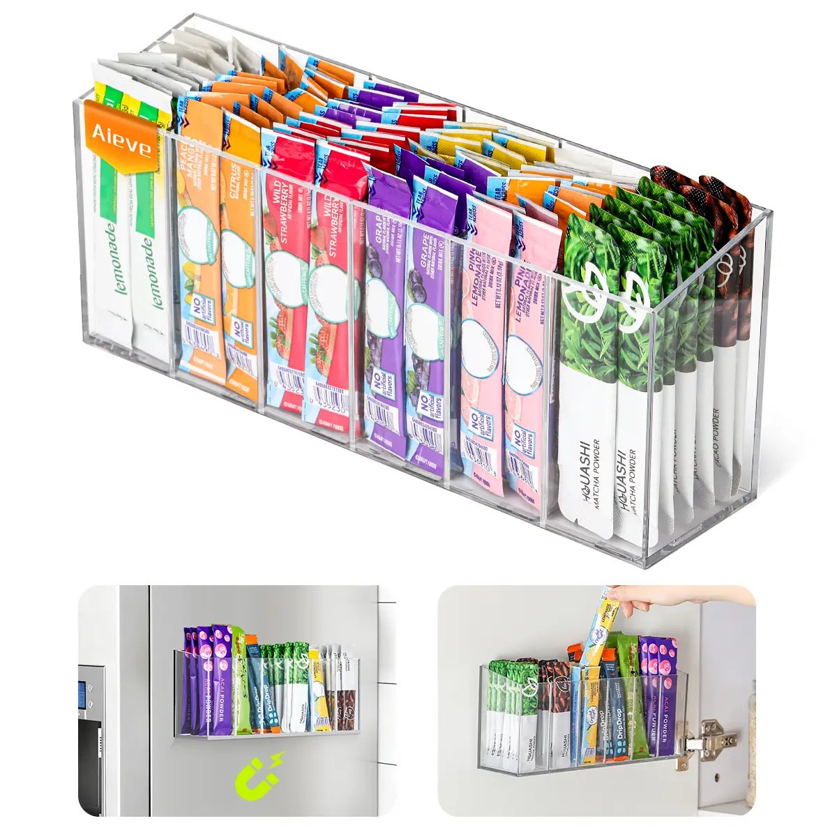 🥤 Drink Packet Organizer – Wall-Mount Kitchen Storage Holder with Adhesive & Magnetic Installation for Countertop, Fridge & Cabinet