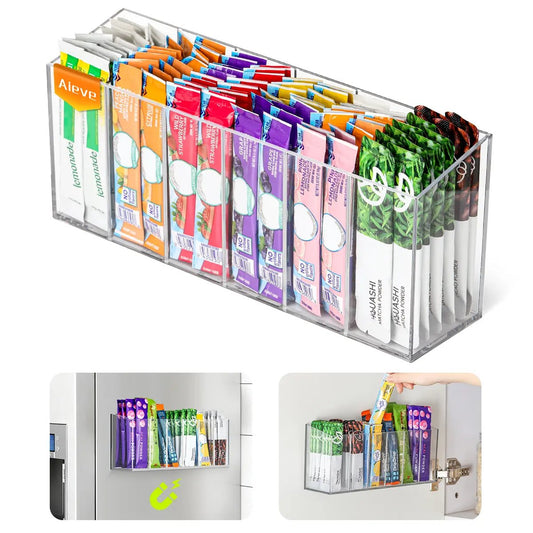 🥤 Drink Packet Organizer – Wall-Mount Kitchen Storage Holder with Adhesive & Magnetic Installation for Countertop, Fridge & Cabinet