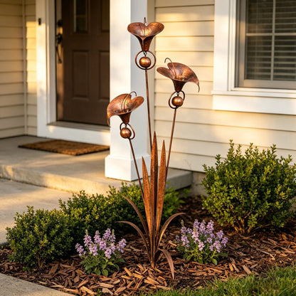 🌿Flamed Copper Three Calla Lilies Garden Stake with Bells