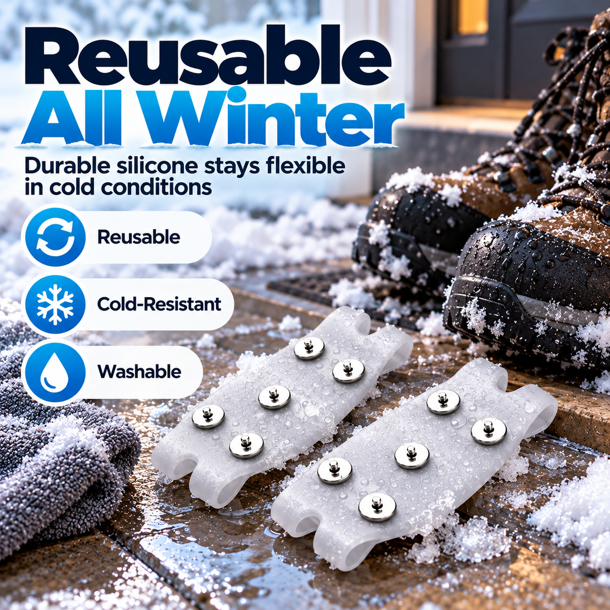 Reusable winter silicone shoe covers with metal traction studs