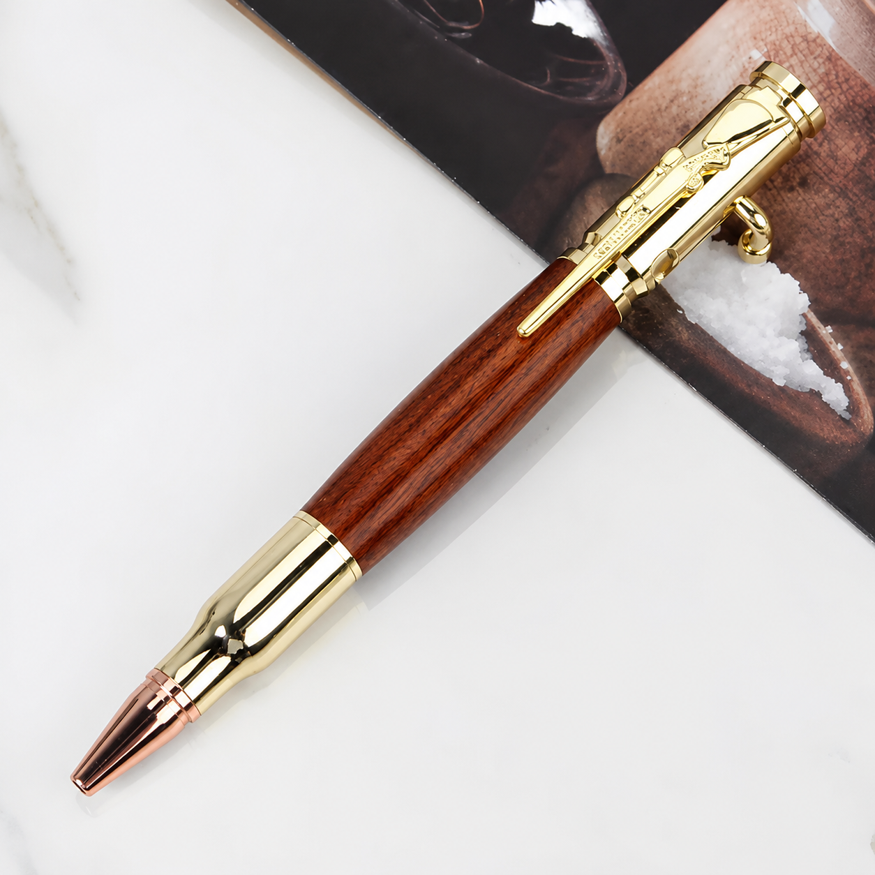 Handcrafted Bolt Action Bullet Pen with Solid Wood & Authentic Shell Casing