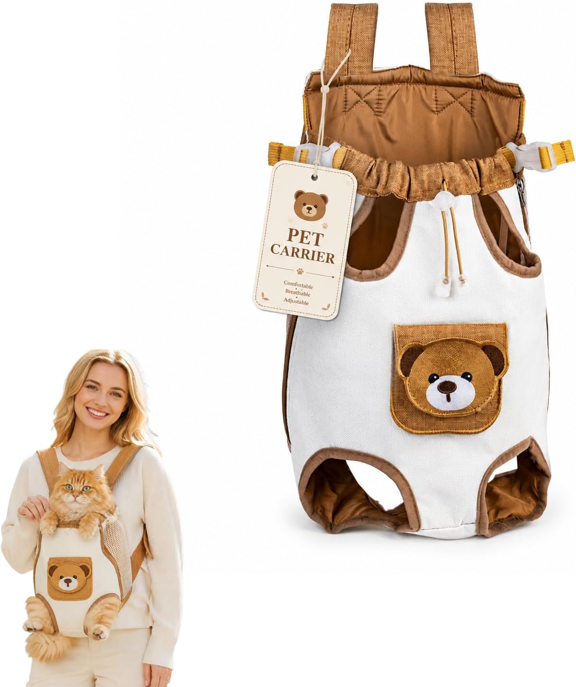 🎉Cute Bear Design Front Pet Carrier Backpack, Breathable Adjustable Hands-Free Travel Chest Bag for Cats Small Dogs Walking Shopping Vet Visits