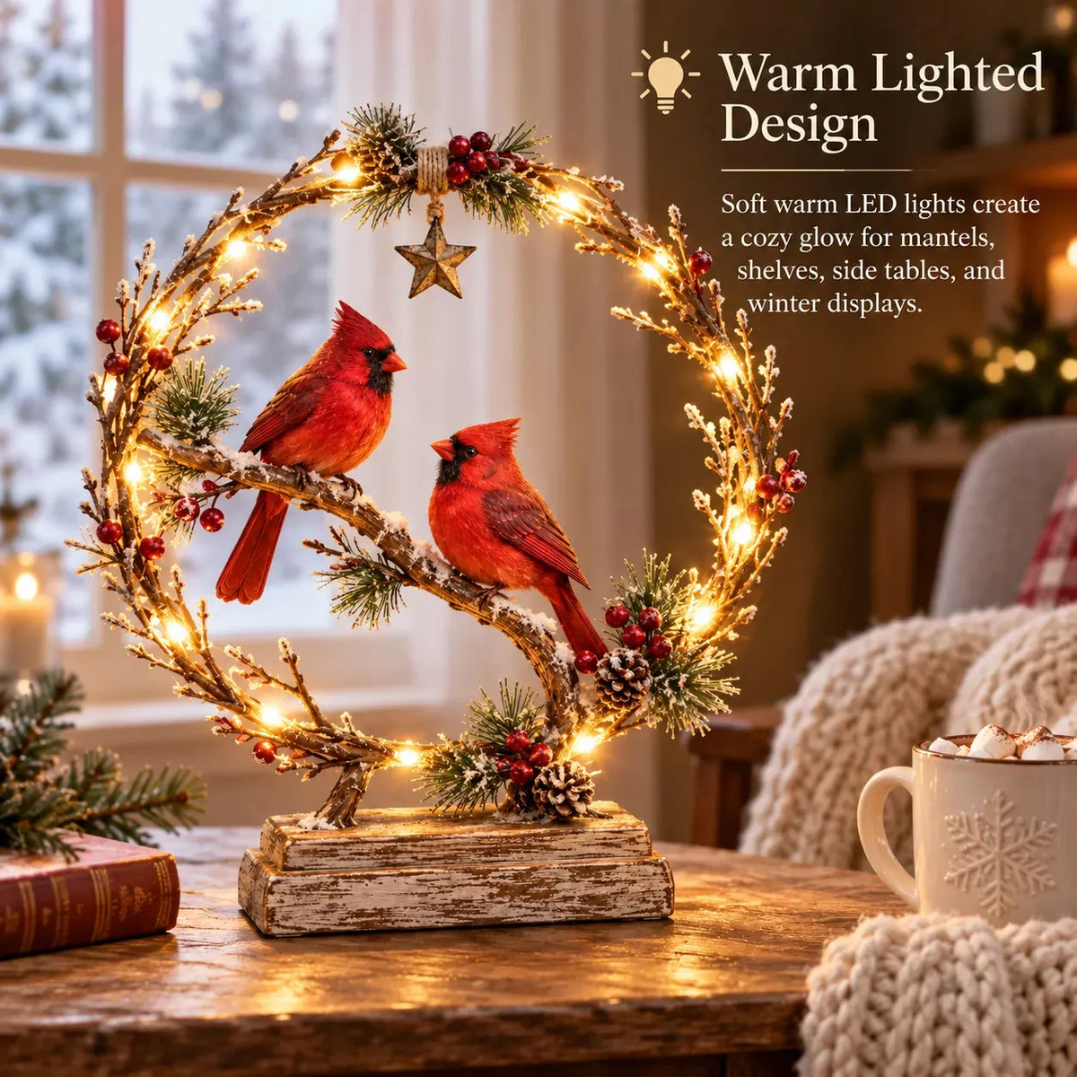 Lighted Cardinal Tabletop Decor, Rustic Red Cardinal Pair with Warm LED Lights