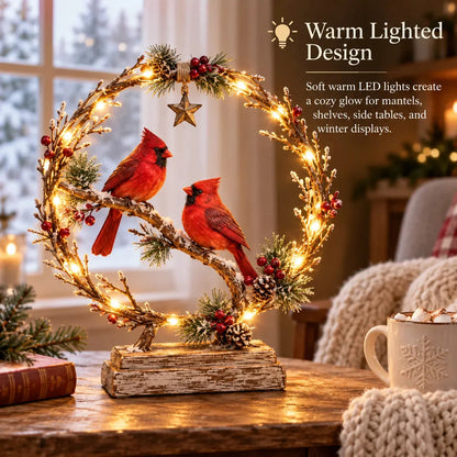 Lighted Cardinal Tabletop Decor, Rustic Red Cardinal Pair with Warm LED Lights