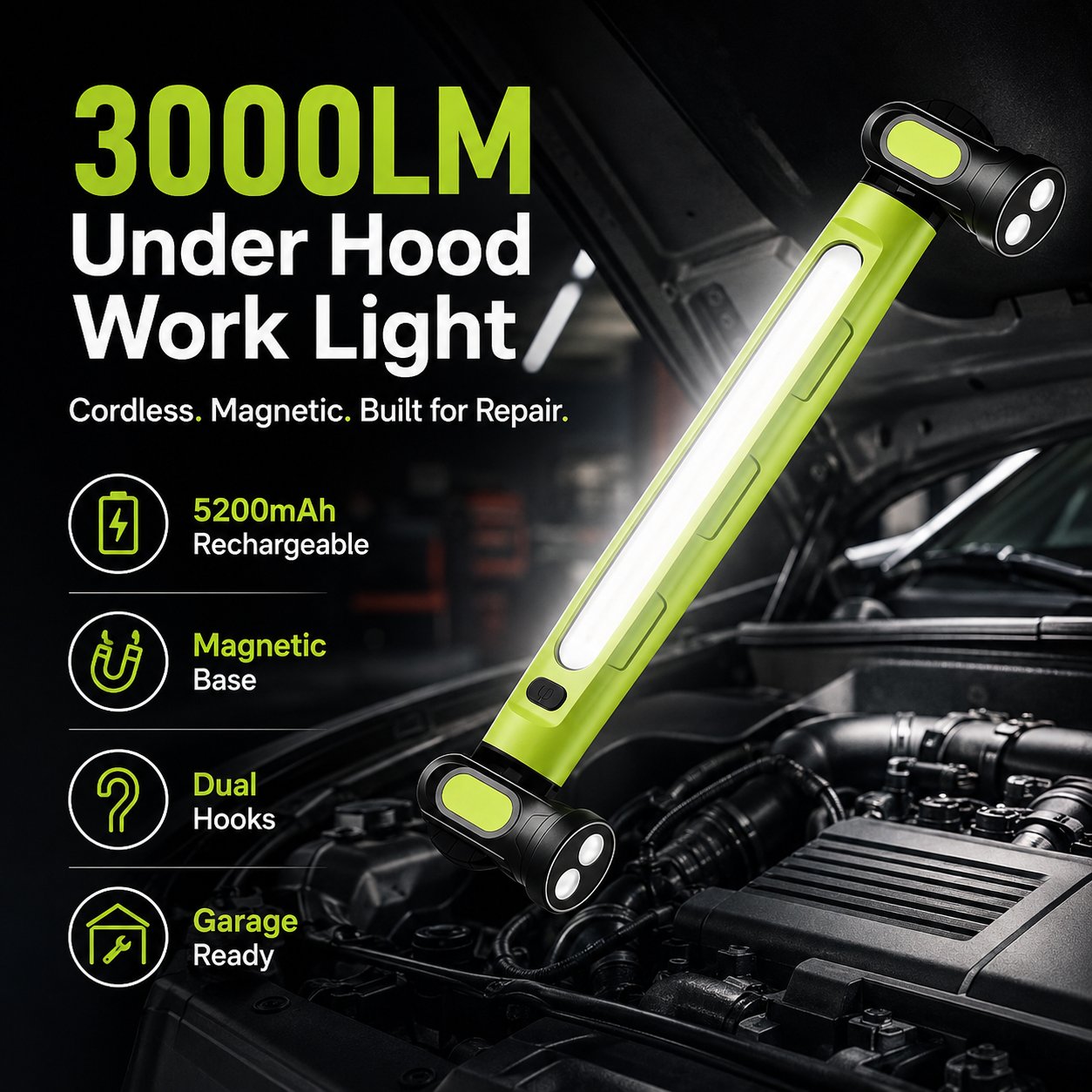 🎁 Father's Day Sale 49% OFF | 3000LM LED Magnetic Work Light Bar • 5200mAh Cordless • Hooks & Magnetic Base 🔧