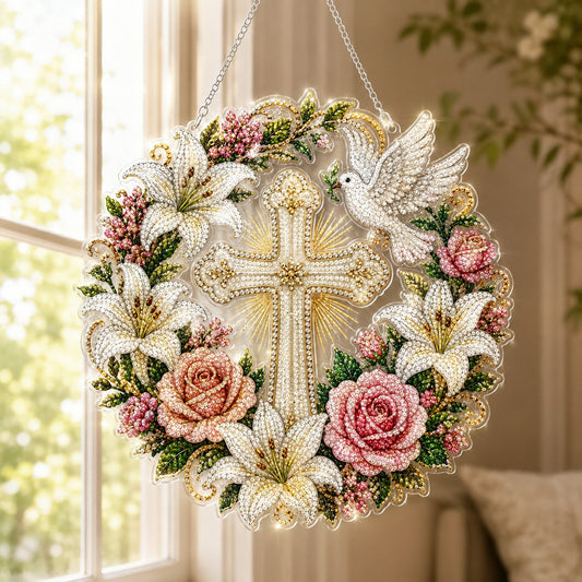 💐✝️ Cross, Flowers & Peace Dove Diamond Art Hanging Ornament Kit🌺