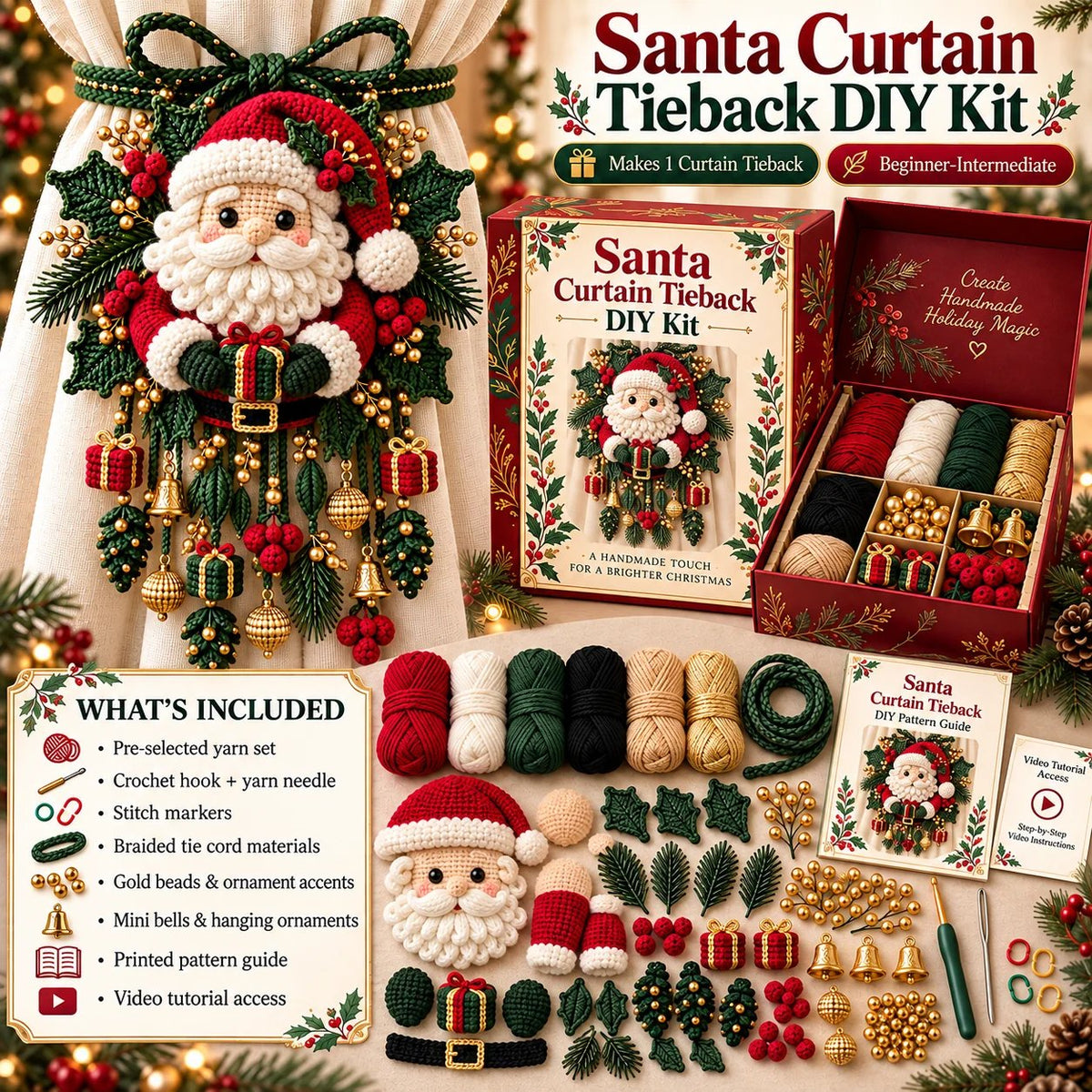 ⏳ Last Day 49% OFF – 🎄 Christmas Crochet Curtain Tieback DIY Kit | Beginner-Friendly Options, 8 Festive Designs 🧶