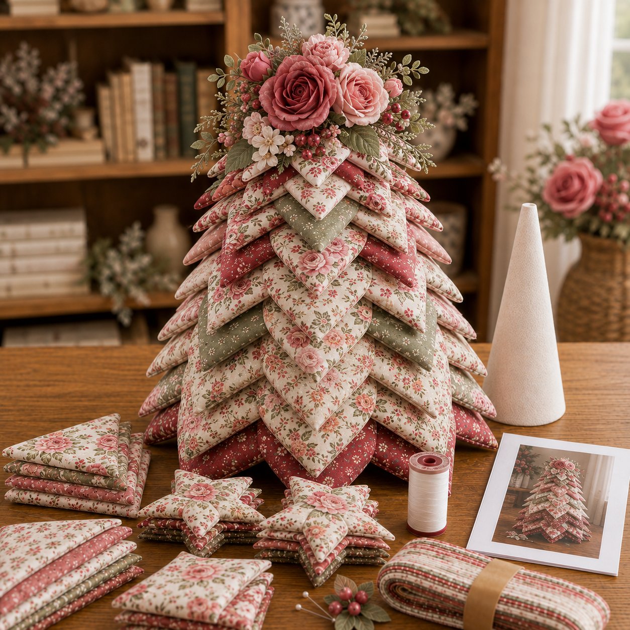 🍂 Beginner-Friendly DIY Fabric Patchwork Fall Tree Kit | Coordinated Autumn Fabrics, Cone Base, Securing Pins & Floral Topper Included 🌼✨