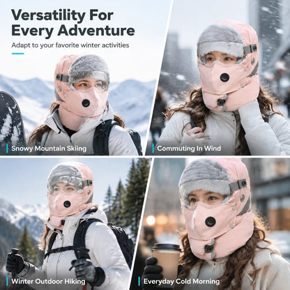 Winter Thermal Ushanka Hat with Detachable Face Mask and Goggles - 5-in-1 Windproof Cold Weather Gear