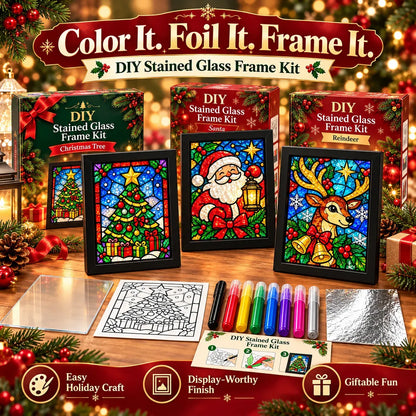 ⏳ Last Day 49% OFF – 🎄Beginner-Friendly Christmas Stained Glass-Style Frame Kit | 8 Festive Designs with Pens, Foil & Frame ✨