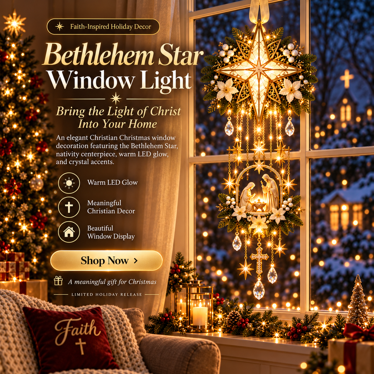 Bethlehem Star Window Light glowing in a Christmas window