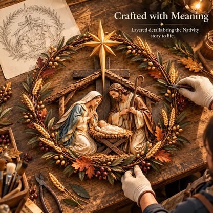 ✝️🍂 Autumn Nativity Cross Metal Wall Decor – Rustic Holy Family Harvest Wreath