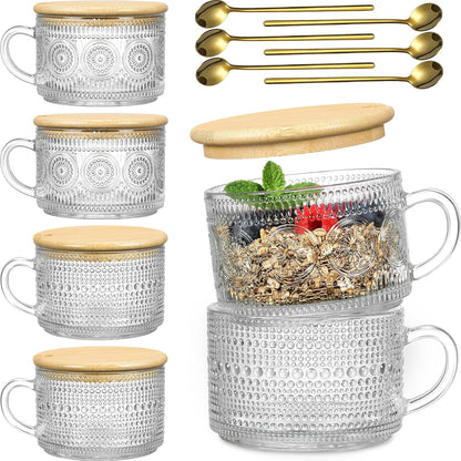 LANDNEOO 6 Pack 14oz Vintage Glass Coffee Mugs with Bamboo Lids and Spoons, Green Embossed Drinking Glasses for Iced Coffee, Tea, Latte