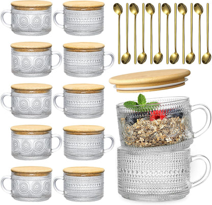 LANDNEOO 6 Pack 14oz Vintage Glass Coffee Mugs with Bamboo Lids and Spoons, Green Embossed Drinking Glasses for Iced Coffee, Tea, Latte