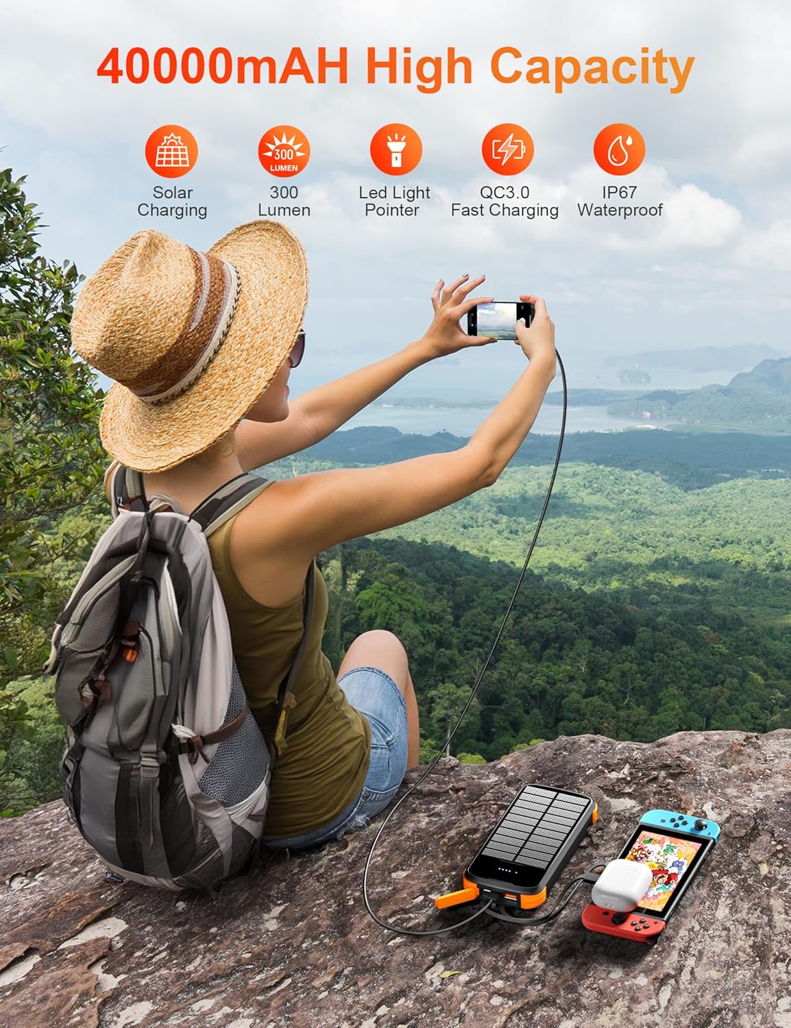🔥Last Day 60% OFF-Solar Power Bank 40000mAh, Portable Charger PD 20W Fast Charging