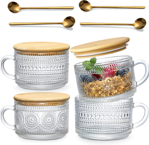 LANDNEOO 6 Pack 14oz Vintage Glass Coffee Mugs with Bamboo Lids and Spoons, Green Embossed Drinking Glasses for Iced Coffee, Tea, Latte