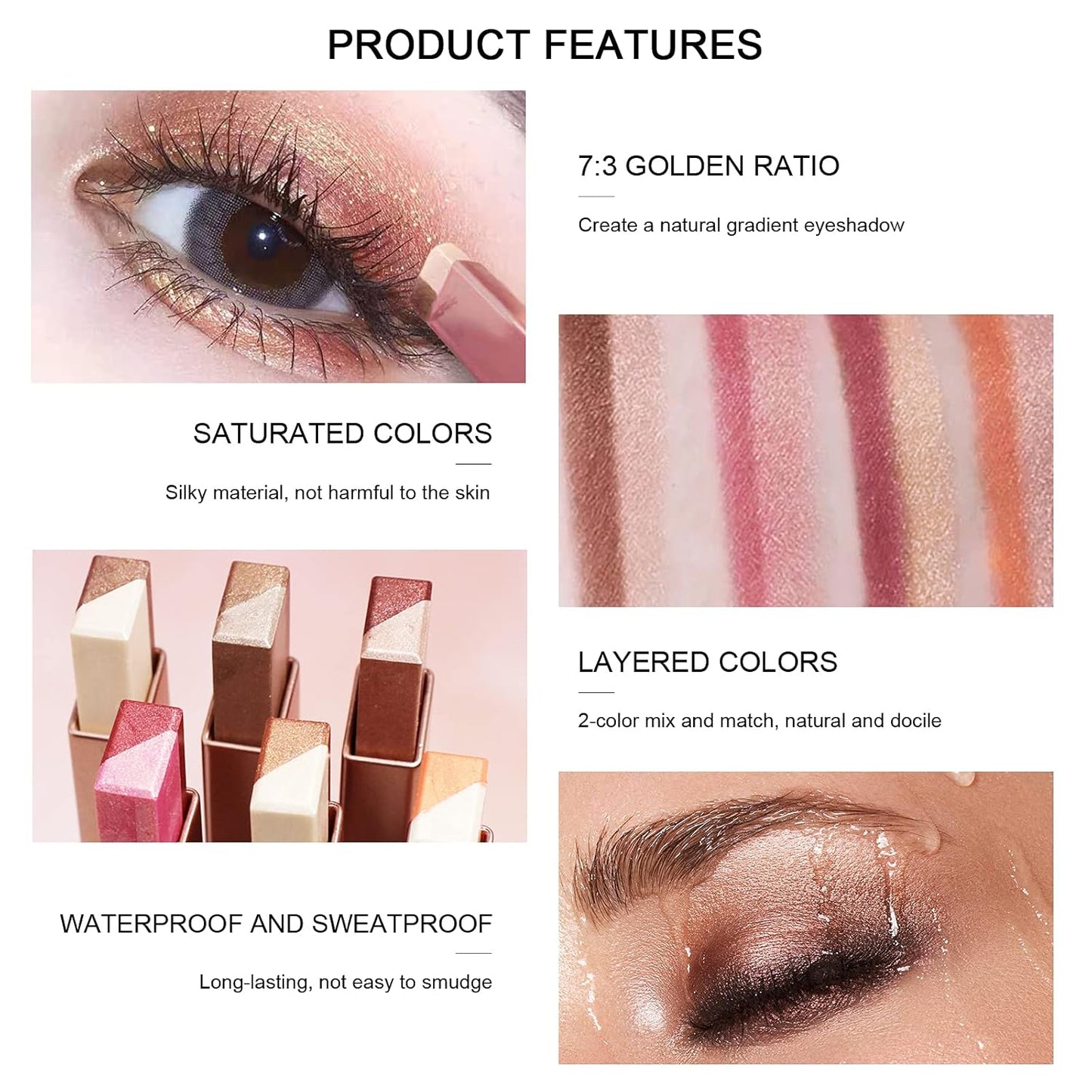 Two-Tone Shimmer Gradient Shadow, Duo Chrome Metallic Eyeshadow Stick Waterproof Glitter Eye Shadow Pen