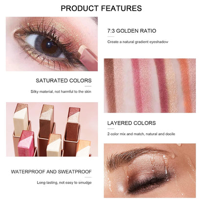 Two-Tone Shimmer Gradient Shadow, Duo Chrome Metallic Eyeshadow Stick Waterproof Glitter Eye Shadow Pen
