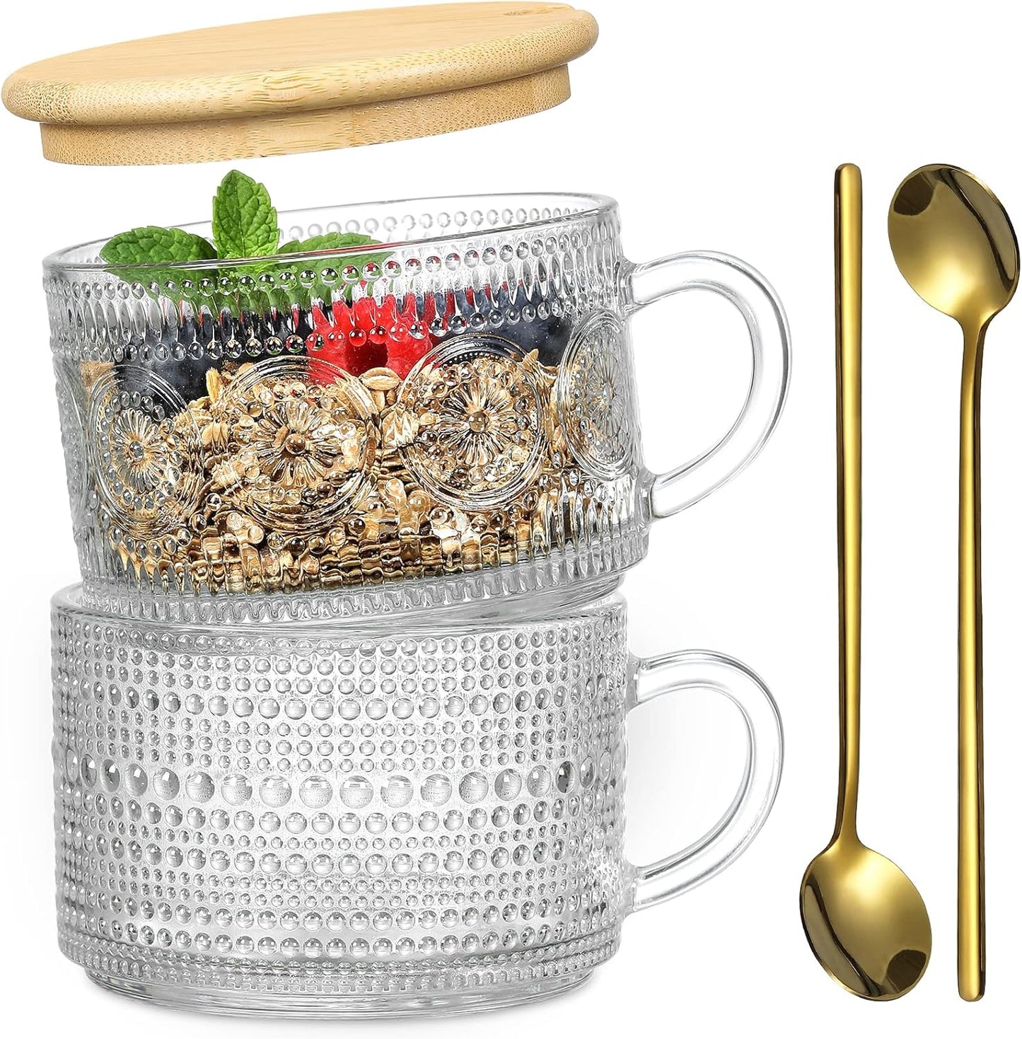 LANDNEOO 6 Pack 14oz Vintage Glass Coffee Mugs with Bamboo Lids and Spoons, Green Embossed Drinking Glasses for Iced Coffee, Tea, Latte