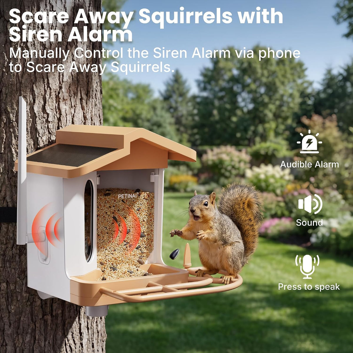 Smart bird feeder squirrel sound deterrent